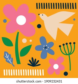 Abstract contemporary modern trendy vector illustration, with cute flower and bird pattern