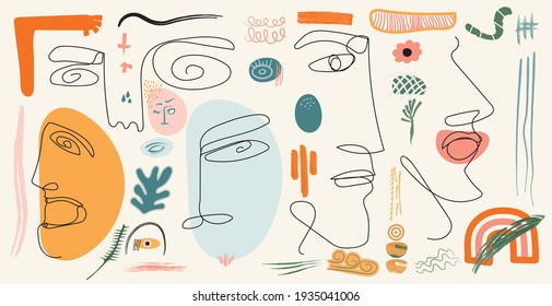 Abstract contemporary modern trendy vector illustration. face line art doodle and various shapes.