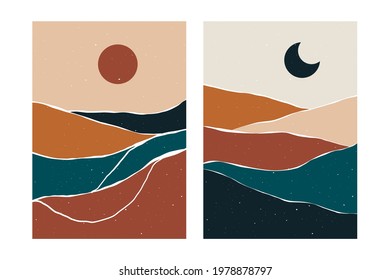 Abstract contemporary mountain backgrounds. Boho poster set sun moon landscape, minimalist wall decor. Vector art print