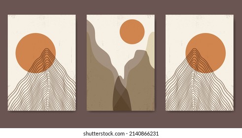 Abstract contemporary mountain landscape posters. Modern textured boho background set with mountains