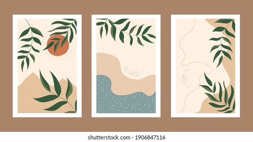 Abstract contemporary nature backgrounds collection - summer sale, social media promotional content. Leaves, sun, sea, beach and mountains. Design for poster, card, invitation, placard, brochure