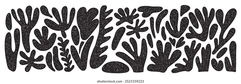 Abstract contemporary organic horizontal banner, Matisse style shapes vector grunge noise grainy texture. Black white hand drawn underwater composition. Liquid wavy trendy y2k random blobs scribble