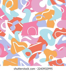 Resumen de ornamento contemporáneo. Patrón vectorial sin fisuras de formas geométricas de corte y simples garabatos. Diseño en tonos pastel.