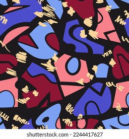 Abstract contemporary ornament. Vector seamless pattern of geometric cut out shapes and simple doodles. Bright colored design.