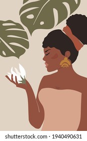 Abstract contemporary portrait of a beautiful young African-American Black woman in profile with a white flower in her hand. Vector graphics. A woman in profile.