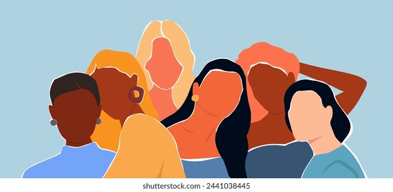 Abstract contemporary portrait of girls together. Several different women hug, support, and make friends. Vector graphics.