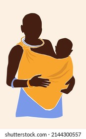 Abstract contemporary portrait of a young African woman with a child in national ethnic clothing. Vector graphics.