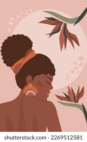 Abstract contemporary poster with a beautiful girl and strelitzia flowers. Tropical plants and a woman in a summer dress. Vector graphics.