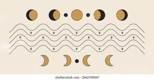 Abstract contemporary poster. Sun, moon cycle, lines, stars, organic shapes. Geometric modern trendy style. Aesthetic design for wallpaper, wall decor, background, print, postcard. Vector illustration