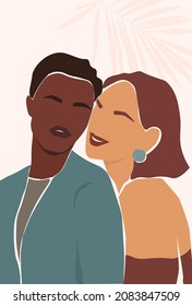 Abstract contemporary poster with two young people. A beautiful couple in love, a man and a woman are happy. Vector graphics.