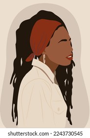 Abstract contemporary poster, wall art design with beautiful black woman on neutral earthy colors background. Gorgeous African lady with turban vector bohemian art illustration.