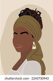 Abstract contemporary poster, wall art design with beautiful black woman on neutral earthy colors background. Gorgeous African lady with turban vector bohemian art illustration.