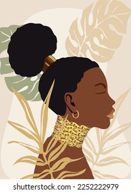 Abstract contemporary poster, wall art design with beautiful black woman on neutral earthy colors background. Gorgeous African lady with exotic hairstyle and gold accessories vector bohemian art.