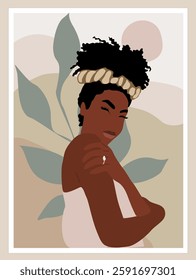 Abstract contemporary poster, wall art design with beautiful black woman on neutral earthy colors background. Gorgeous African lady with exotic hairstyle vector bohemian art illustration