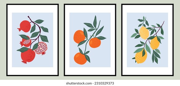 Abstract contemporary posters with different fruits, lemons, pomegranate, orange, summer design, aesthetic minimalist backgrounds set, modern trendy wall decoration - Shutterstock ID 2310329373