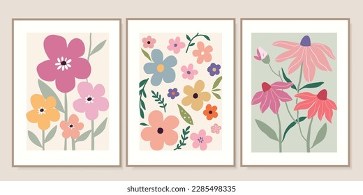Abstract contemporary posters with floral design, aesthetic backgrounds set, modern trendy wall decoration