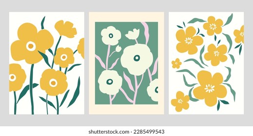 Abstract contemporary posters with floral design, aesthetic minimalist backgrounds set, modern trendy wall decoration