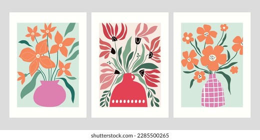 Abstract contemporary posters with floral design, flowers in pots, aesthetic minimalist backgrounds set, modern trendy wall decoration