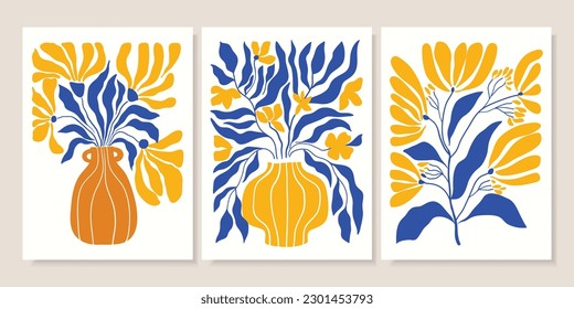 Abstract contemporary posters set with floral design, aesthetic backgrounds , modern trendy wall decoration in blue and yellow
