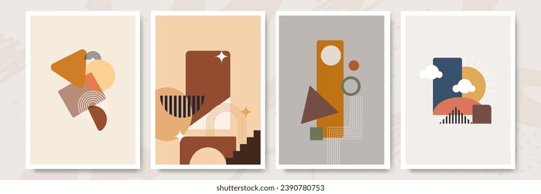 Abstract contemporary posters with sun moon and landscape in boho style. Mid century minimalist background for home decoration, wall decor or covers. Vector illustration