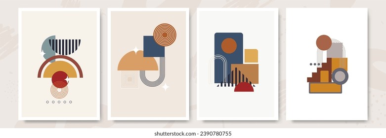 Abstract contemporary posters with sun moon and landscape in boho style. Mid century minimalist background for home decoration, wall decor or covers. Vector illustration