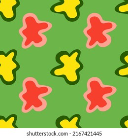 Abstract contemporary primitive figures seamless pattern. Fun doodle clouds background. Creative artistic shapes wallpaper. Primitive elements backdrop.