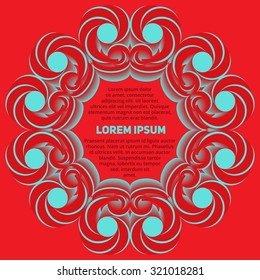 Abstract contemporary round frame with decorative elements of dark red and electric cyan shades on red background