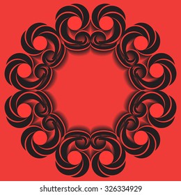 Abstract contemporary round frame with decorative elements of light red and black shades on red background