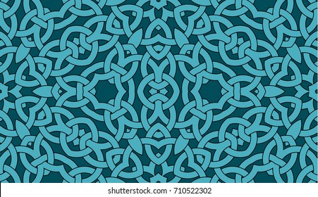 Abstract contemporary seamless pattern with celtic knot ornament of teal shades