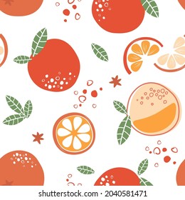 Abstrakte zeitgenössische nahtlose Muster mit Zitrusfrüchten, nützliche Vitamine. Gesundes veganisches Essen. Neujahrsschmuck. Ganze Tangerinen, geschnitten, Blätter. Vektorgrafiken.