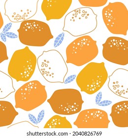 Abstract contemporary seamless pattern with citrus fruits, useful vitamins. Healthy vegan food. Whole lemons, leaves, simple forms. Vector graphics.