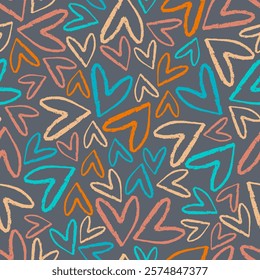 Abstract Contemporary Seamless Pattern with Colorful Hearts. Hand-Drawn Heart Texture. Repeatable Print for Valentine`s Day. Vector Illustration. Not AI