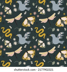 Abstract Contemporary Seamless Pattern With Floral, Fauna, Moon, Girls Power Elements. Trendy Minimalist  Illustration In Scandinavian Style, Bohemian Witch, Magic Mystery Concept.