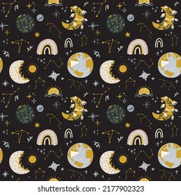 Abstract Contemporary Seamless Pattern With Floral, Fauna, Moon, Girls Power Elements. Trendy Minimalist  Illustration In Scandinavian Style, Bohemian Witch, Magic Mystery Concept.