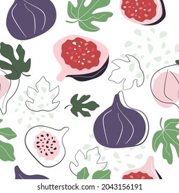 Abstract contemporary seamless pattern with fruits, berries. Whole figs, cut with seeds and pulp, leaves. Vector graphics. Design food for kitchen, textile, fabric, paper.