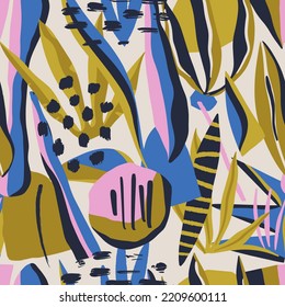 Abstract contemporary seamless pattern with hand drawn shapes, spots, dots and lines with textures. Vibrant boho print. Modern collage vector illustration