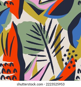 Abstract contemporary seamless pattern with hand drawn shapes, spots, dots and lines with textures. Vibrant boho print. Modern collage vector illustration