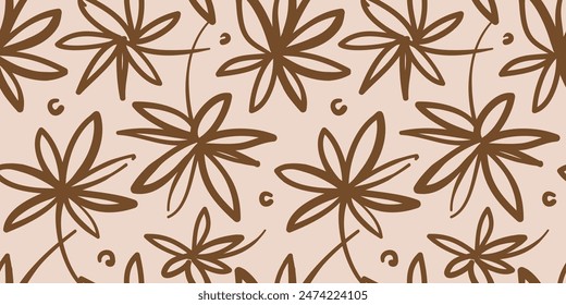 Abstract contemporary seamless pattern with hand drawn flower shapes, spots, dots and lines with textures. Vibrant boho print. Modern
