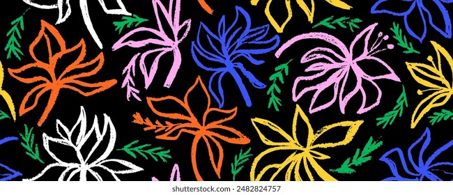Abstraktes zeitgenössisches nahtloses Muster mit handgezeichneten bunten Blütenblättern und Formen mit Texturen. Lebendiger Boho-Print. Moderne Collage-Vektorillustration