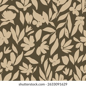 Abstract contemporary seamless pattern with hand drawn floral shapes. Bohemian fashionable print. Trendy brown and beige colors, vector illustration for any Design