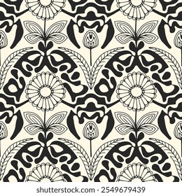 Abstract contemporary seamless pattern. Hand-drawn flower and leaf shape textures. Repeatable vibrant boho prints. Vector illustration.