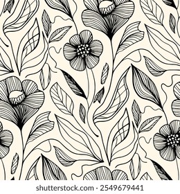 Abstract contemporary seamless pattern. Hand-drawn flower and leaf shape textures. Repeatable vibrant boho prints. Vector illustration.