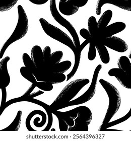 Abstract contemporary seamless pattern. Hand-drawn flower and leaf shape textures. ink brush texture.