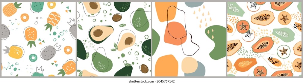 Abstract contemporary seamless pattern set with  fruits, vitamins. Healthy vegan food. Avocado, papaya , slices, pineapple. Simple shapes, leaves. Vector graphics.
