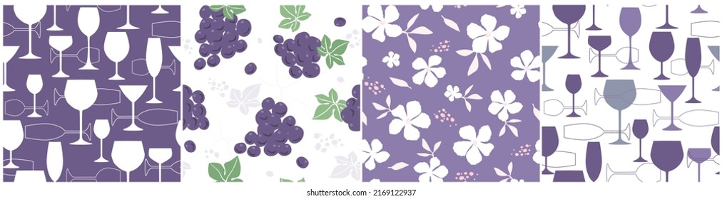 Abstract contemporary seamless pattern set with silhouettes of wine glasses of different shapes, bunches of grapes, flowers with leaves. Transparent drinking utensils. Vector graphics.