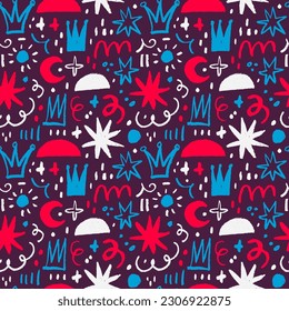 Abstract contemporary seamless pattern with swirls, sparkles and crowns. Bold brush drawn multi colored circles and small dots, stars, moon and semi circles. Charcoal or pencil sketch, childish style.