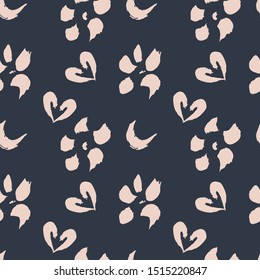 Abstract contemporary seamless pattern. Trendy wallpaper with random shapes of brush strokes in pink colour on dark background. Silhouettes of flowers and hearts. Modern textile, branding, packaging.