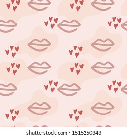 Abstract contemporary seamless pattern. Trendy wallpaper with lips and hearts in pink colours. Doodle style. Modern textile, branding, packaging, wrapping paper.