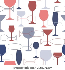 Abstract contemporary seamless pattern with wine glasses of different shapes. Transparent drinking utensils. Vector graphics.