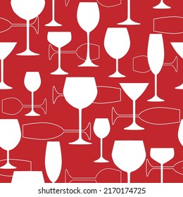 Abstract contemporary seamless pattern with wine glasses of different shapes. Transparent drinking utensils. Vector graphics.